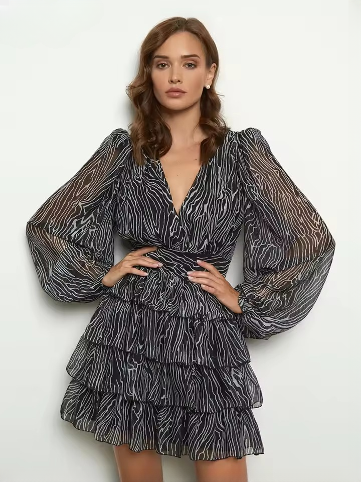 Elegant V-Neck High Waist Pleated Loose Print  Long Sleeve Mini Dresses