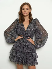 Elegant V-Neck High Waist Pleated Loose Print  Long Sleeve Mini Dresses