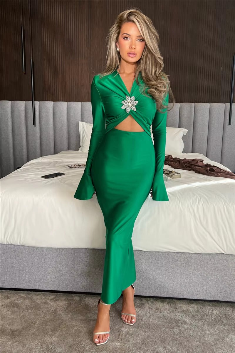 Elegant V-Neck Hollow Out Flare Sleeve Bodycon Maxi Dress