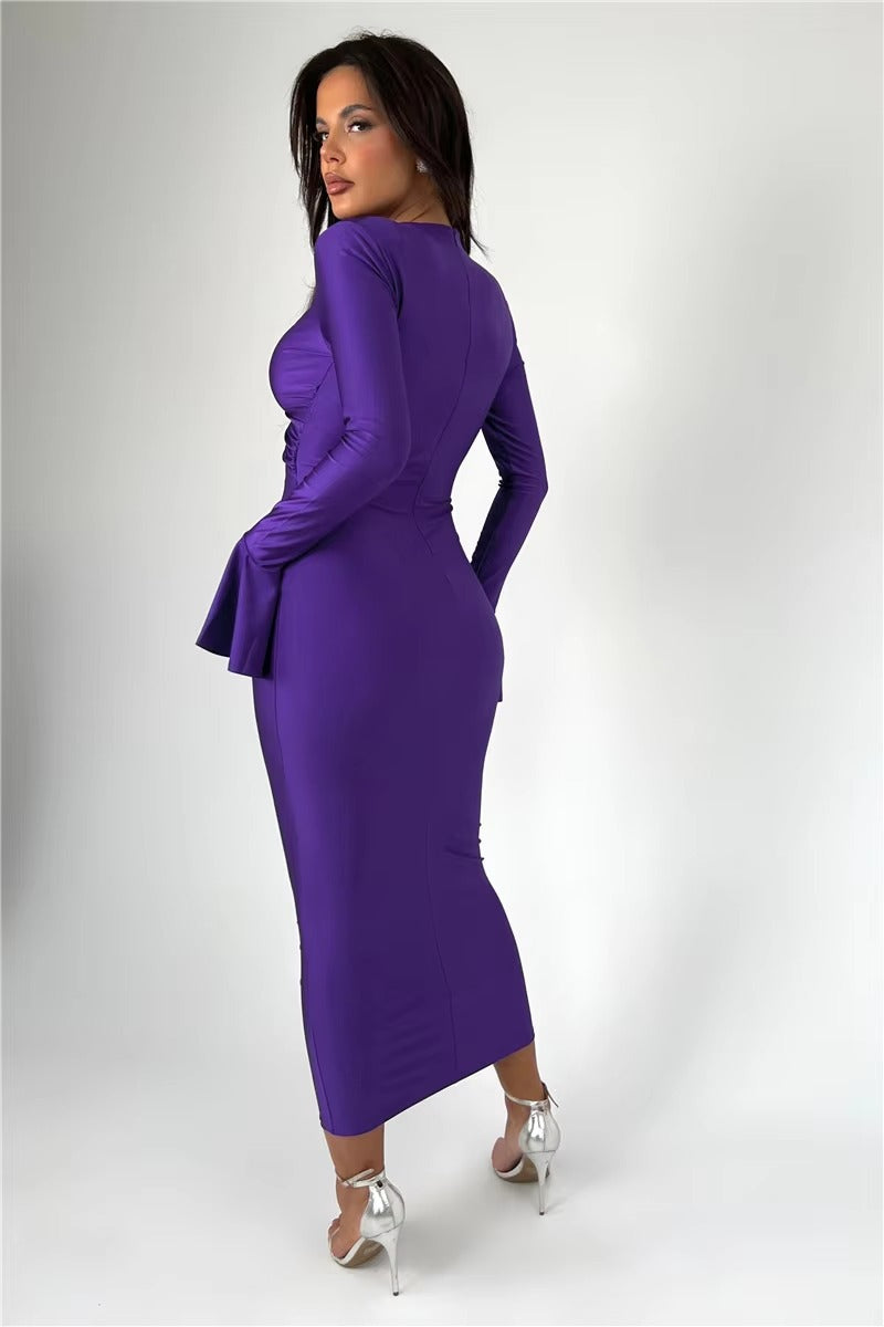 Elegant V-Neck Hollow Out Flare Sleeve Bodycon Maxi Dress