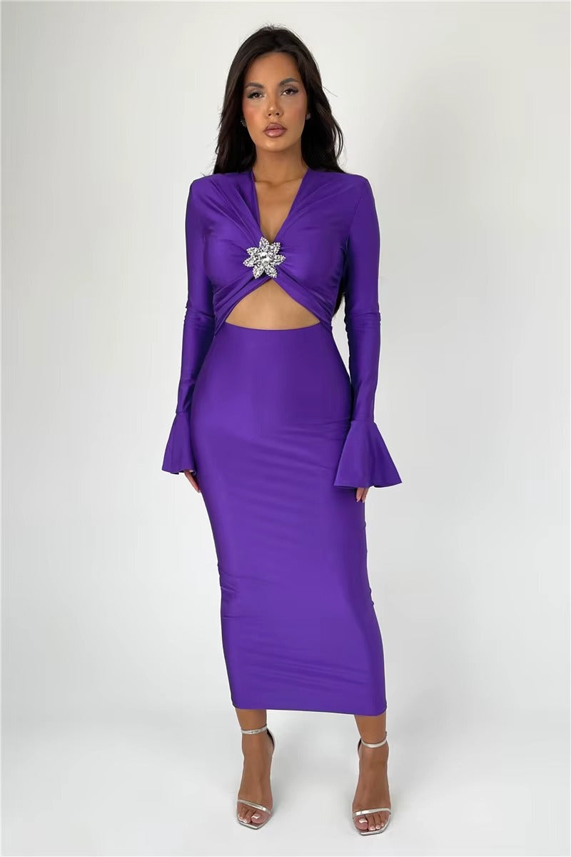 Elegant V-Neck Hollow Out Flare Sleeve Bodycon Maxi Dress