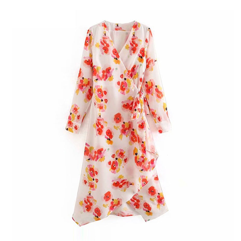 Elegant V Neck Long Sleeve Floral Print Midi Dress