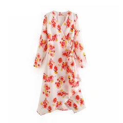 Elegant V Neck Long Sleeve Floral Print Midi Dress