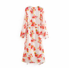 Elegant V Neck Long Sleeve Floral Print Midi Dress