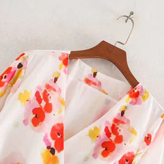 Elegant V Neck Long Sleeve Floral Print Midi Dress