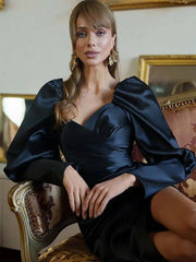 Elegant V-Neck Long Sleeve Slim High Waist Side Slit Mid-Calf Dress