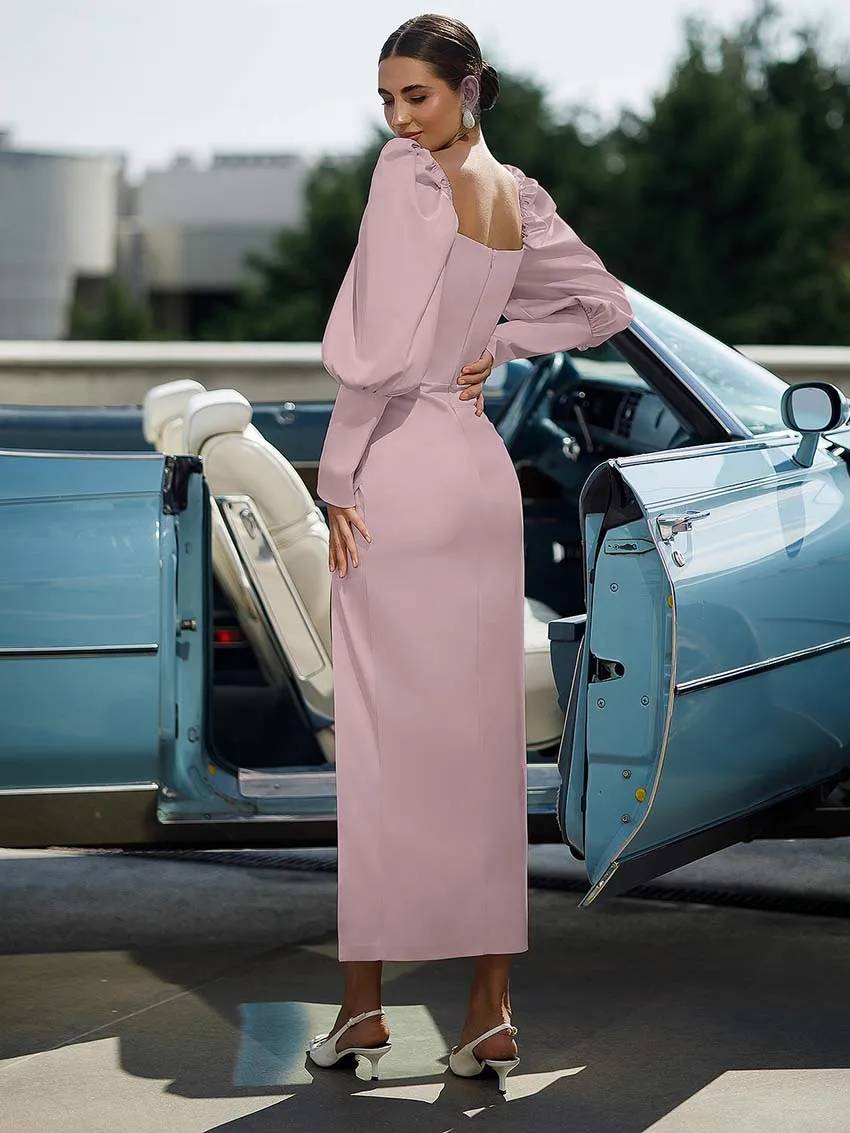 Elegant V-Neck Long Sleeve Slim High Waist Side Slit Mid-Calf Dress