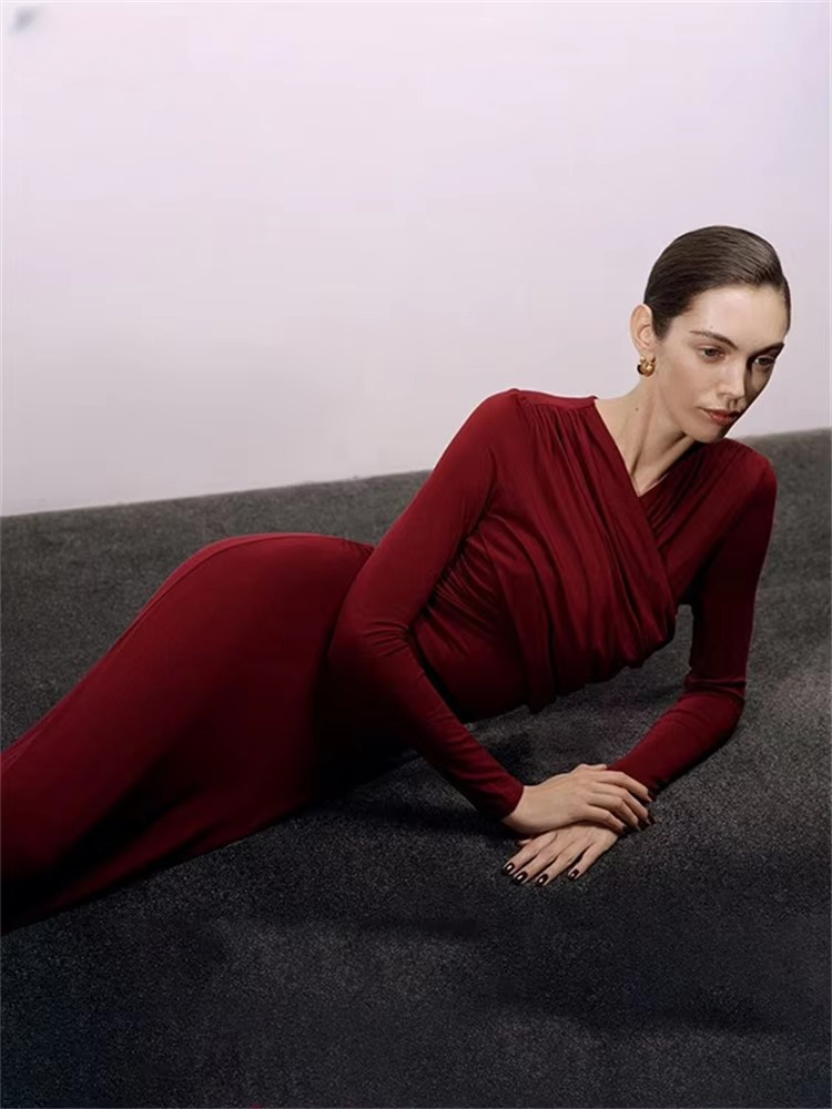 Elegant V-Neck Long Sleeve Twist High Waist Bodycon Maxi Dress
