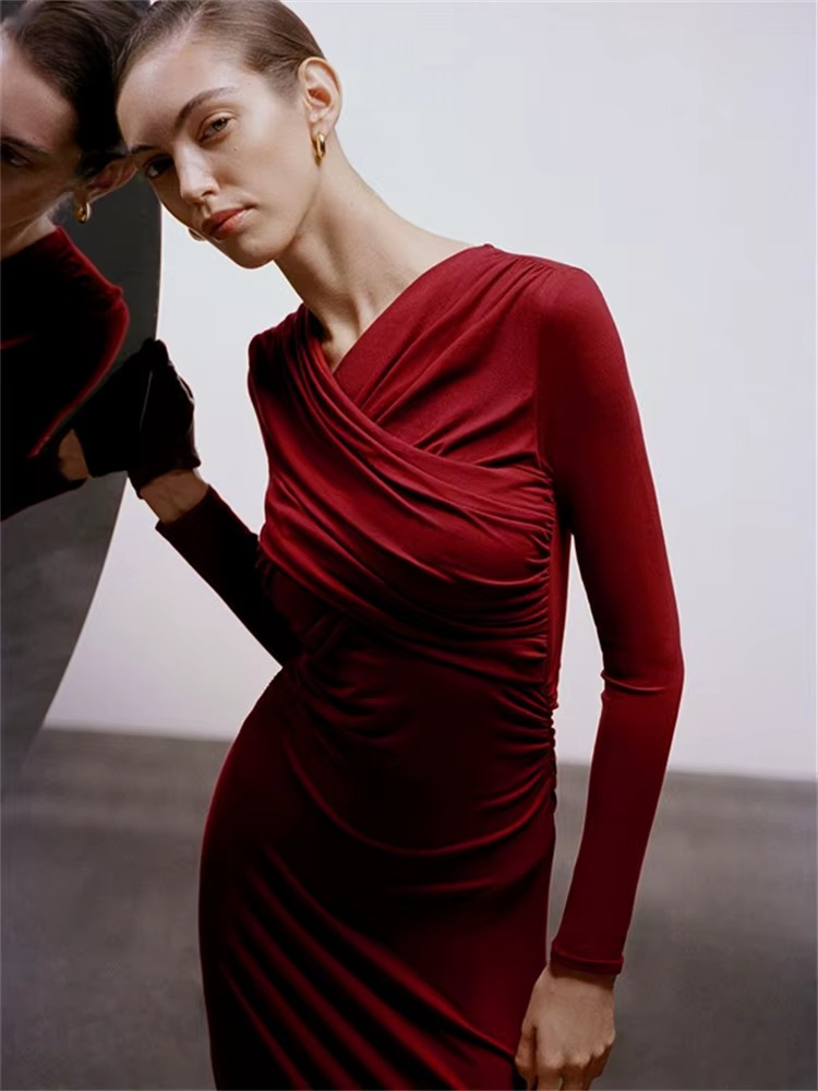 Elegant V-Neck Long Sleeve Twist High Waist Bodycon Maxi Dress