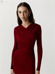 Elegant V-Neck Long Sleeve Twist High Waist Bodycon Maxi Dress