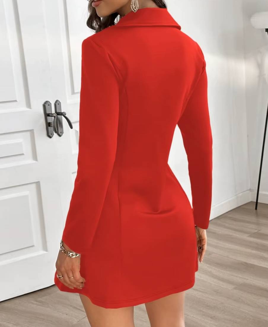 Elegant V Neck Long Sleeve Zipper Buttons A Line Mini Dress