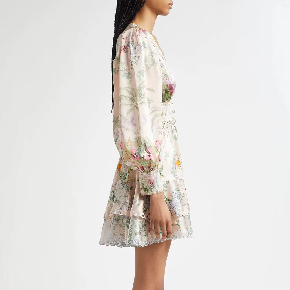 Elegant V Neck Long Sleeves Patchwork Ruffles Printing Mini Dresses