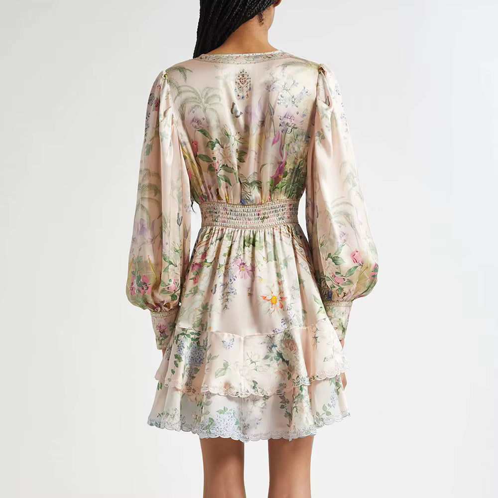 Elegant V Neck Long Sleeves Patchwork Ruffles Printing Mini Dresses