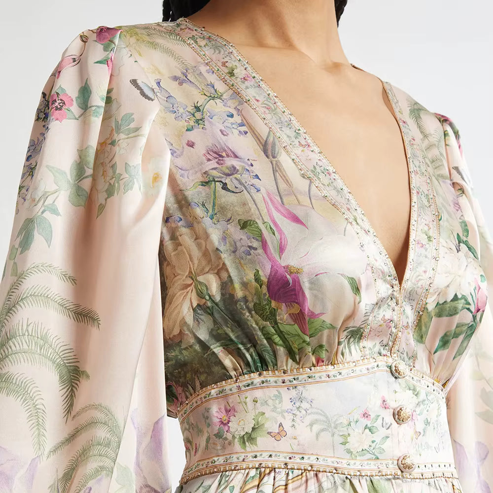 Elegant V Neck Long Sleeves Patchwork Ruffles Printing Mini Dresses