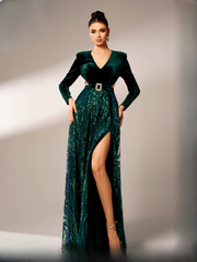 Elegant V Neck Long Sleeves Split Velvet Cutout Panel Maxi Dress