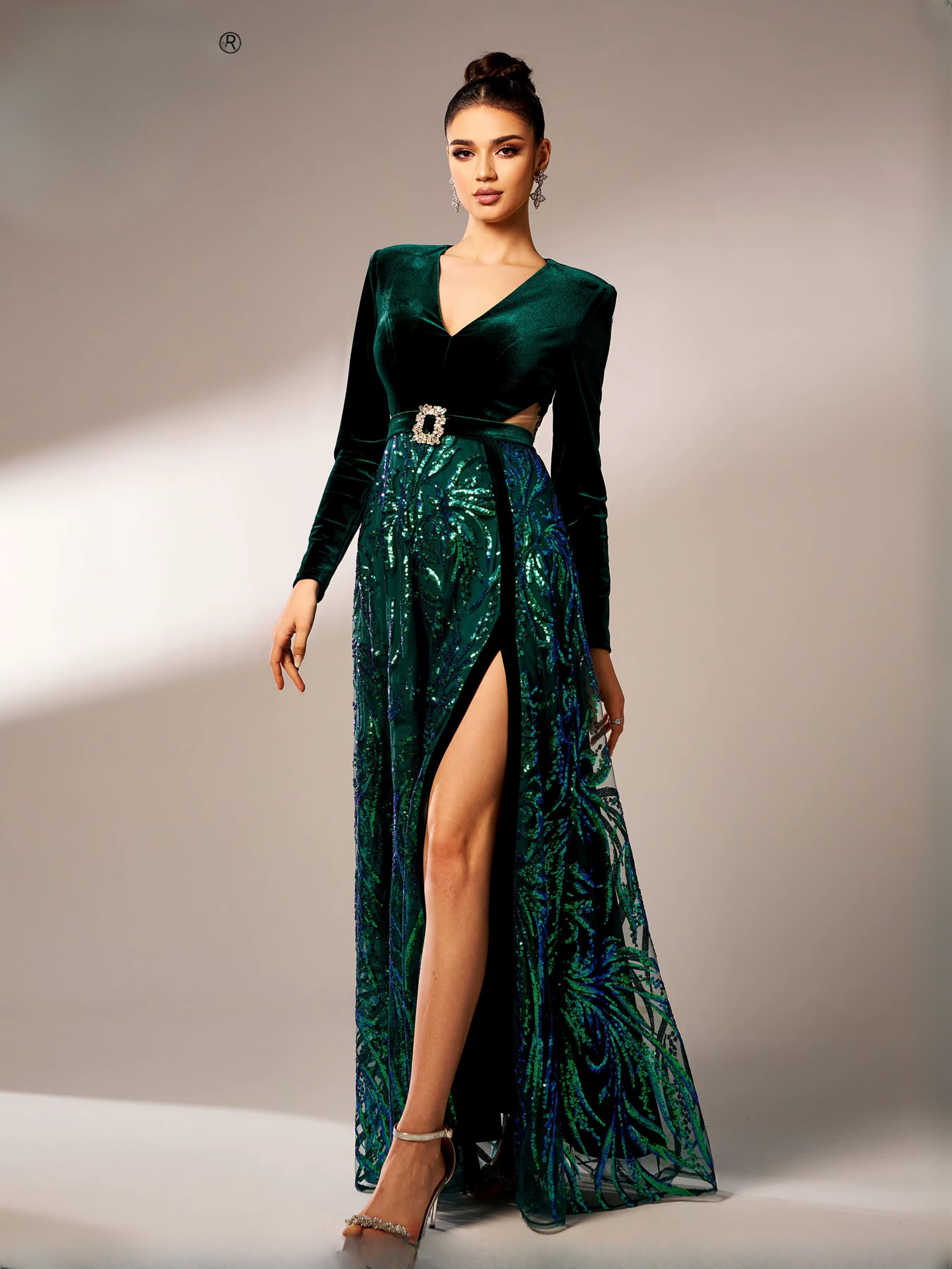 Elegant V Neck Long Sleeves Split Velvet Cutout Panel Maxi Dress