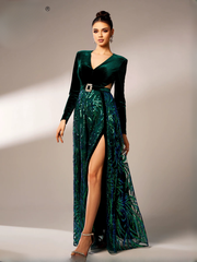 Elegant V Neck Long Sleeves Split Velvet Cutout Panel Maxi Dress
