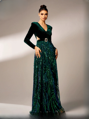 Elegant V Neck Long Sleeves Split Velvet Cutout Panel Maxi Dress