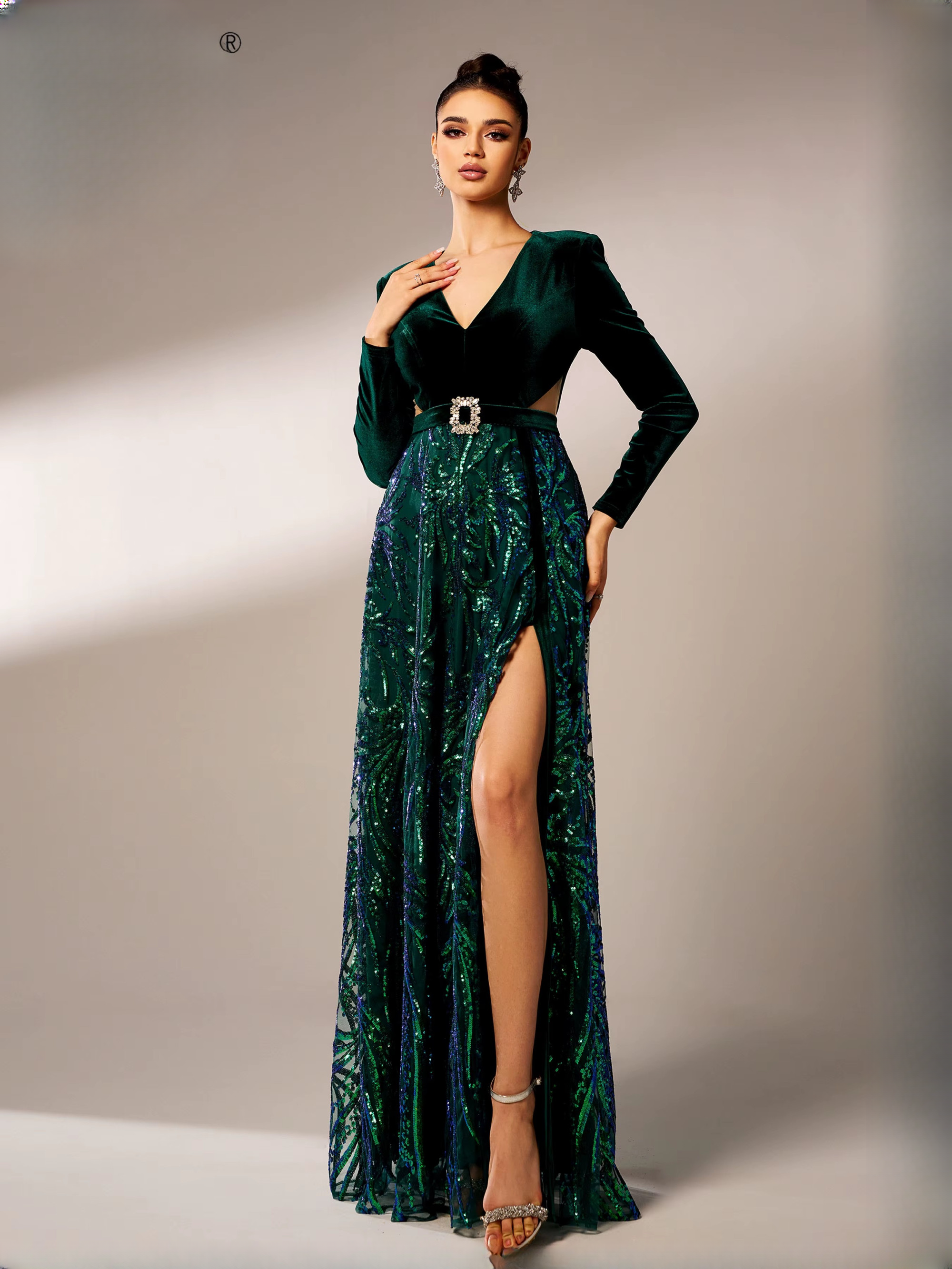 Elegant V Neck Long Sleeves Split Velvet Cutout Panel Maxi Dress