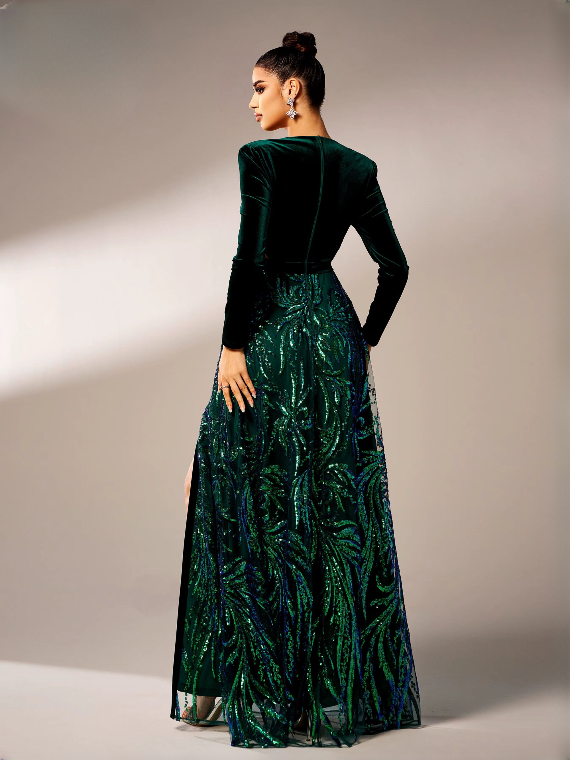 Elegant V Neck Long Sleeves Split Velvet Cutout Panel Maxi Dress
