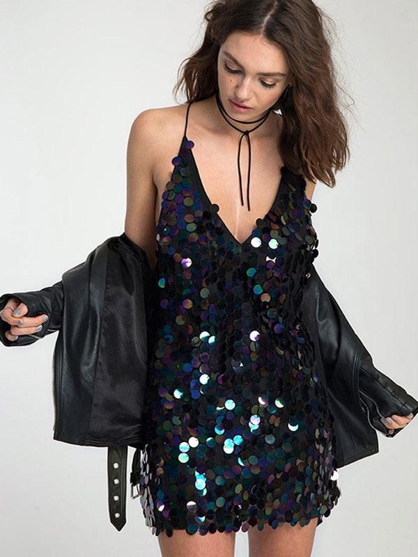 Elegant V-Neck Open Back Sequin Sleeveless Mini Dress