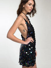 Elegant V-Neck Open Back Sequin Sleeveless Mini Dress