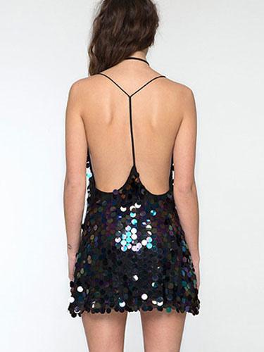Elegant V-Neck Open Back Sequin Sleeveless Mini Dress