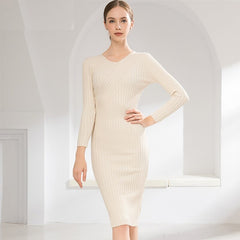 Elegant V-Neck Package Hip Bottoming Pencil Knitted Dress