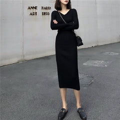 Elegant V-Neck Package Hip Bottoming Pencil Knitted Dress