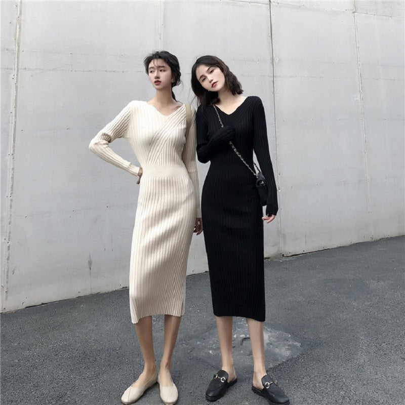 Elegant V-Neck Package Hip Bottoming Pencil Knitted Dress
