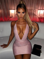 Elegant V-Neck Pleated Backless Semi Formal Bodycon Mini Dress