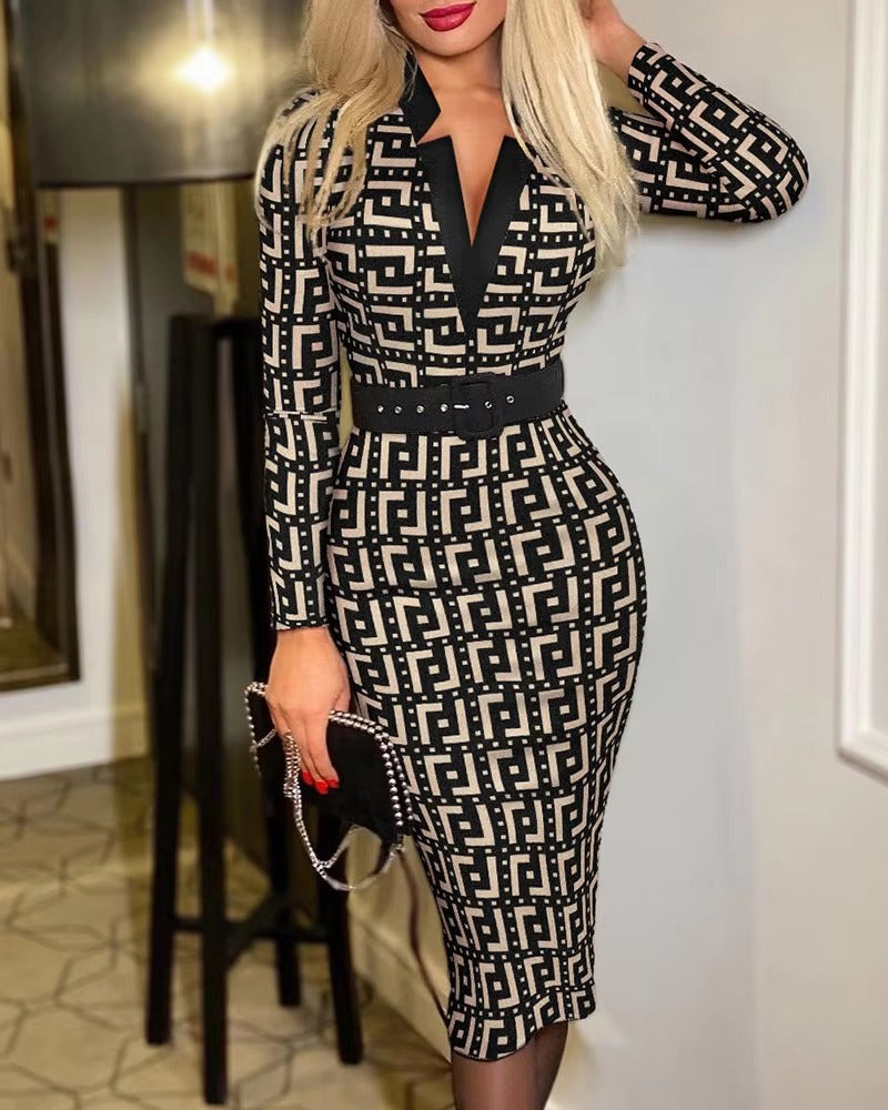 Elegant V Neck Pullover Print Long Sleeve with Belt Bodycon Midi Dress