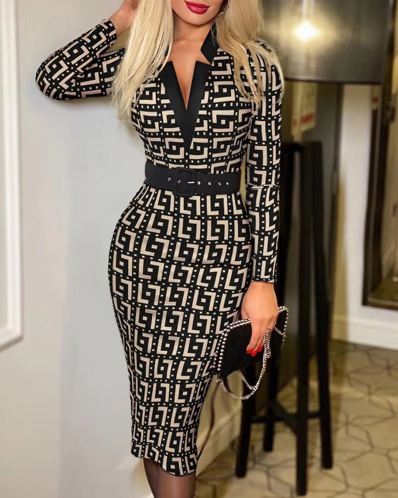 Elegant V Neck Pullover Print Long Sleeve with Belt Bodycon Midi Dress