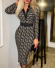 Elegant V Neck Pullover Print Long Sleeve with Belt Bodycon Midi Dress