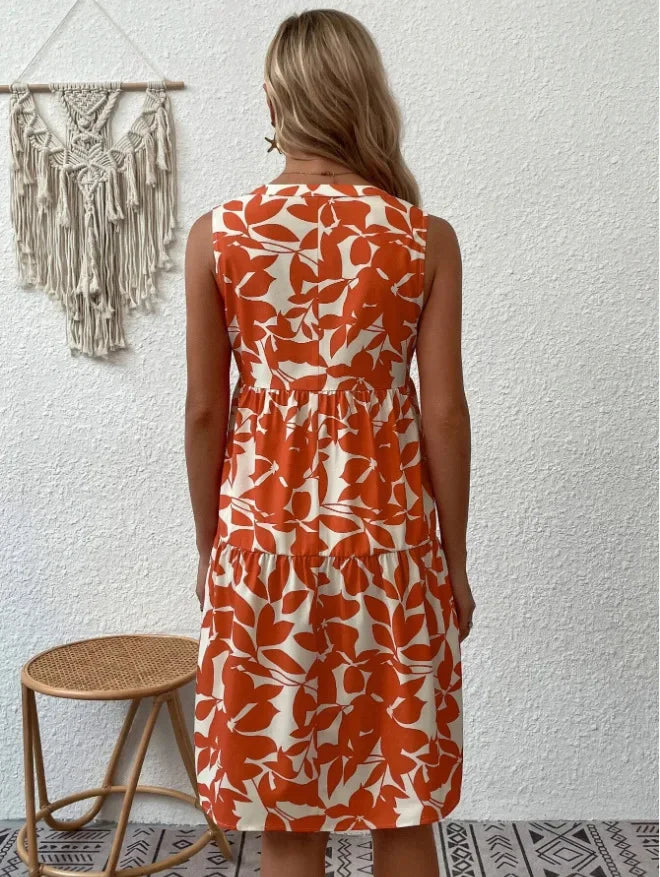 Elegant V Neck Ruffle A Line Tank Sleeveless Boho Print Min Dress