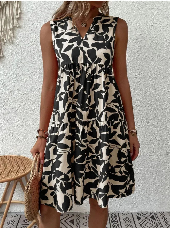 Elegant V Neck Ruffle A Line Tank Sleeveless Boho Print Min Dress