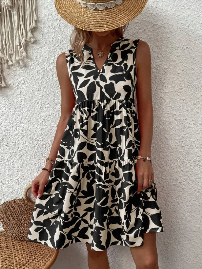 Elegant V Neck Ruffle A Line Tank Sleeveless Boho Print Min Dress