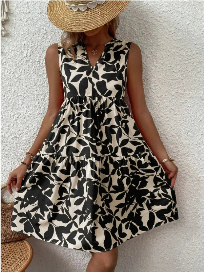 Elegant V Neck Ruffle A Line Tank Sleeveless Boho Print Min Dress