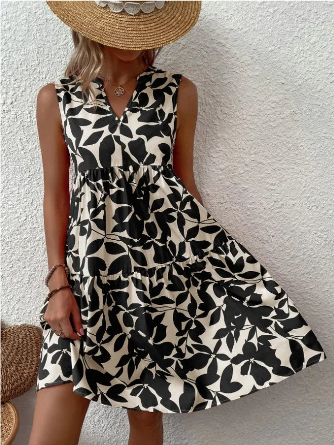Elegant V Neck Ruffle A Line Tank Sleeveless Boho Print Min Dress