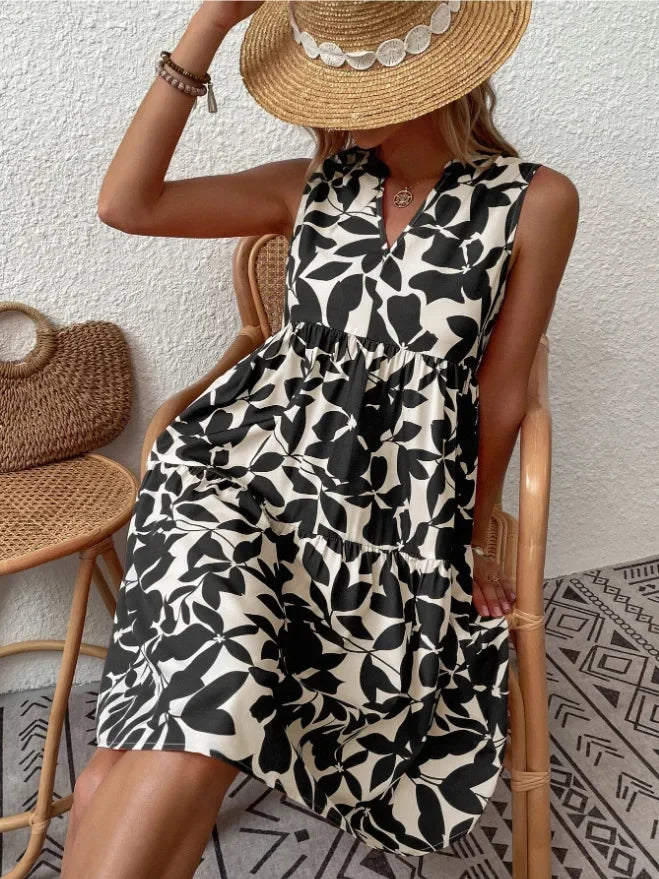 Elegant V Neck Ruffle A Line Tank Sleeveless Boho Print Min Dress