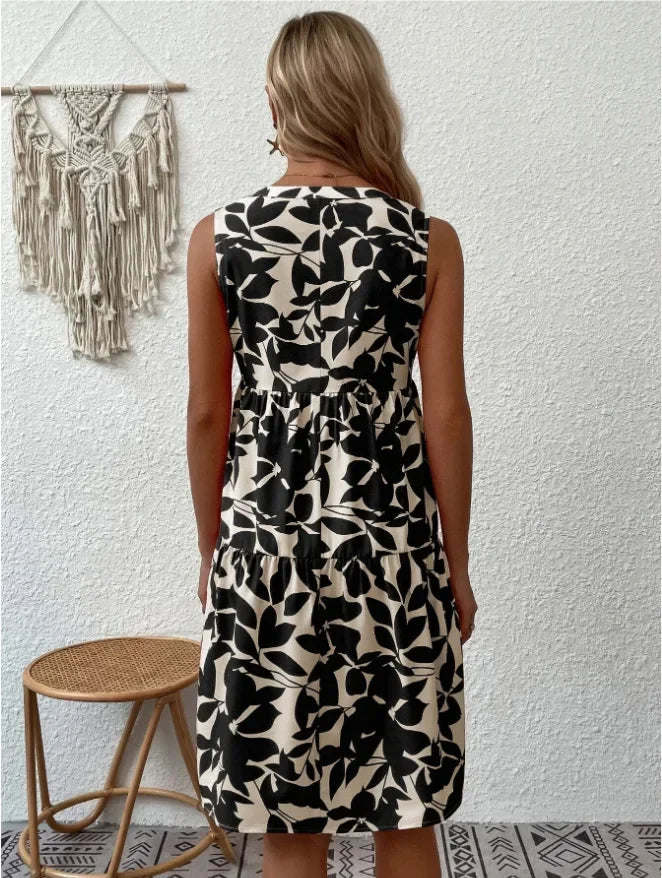 Elegant V Neck Ruffle A Line Tank Sleeveless Boho Print Min Dress