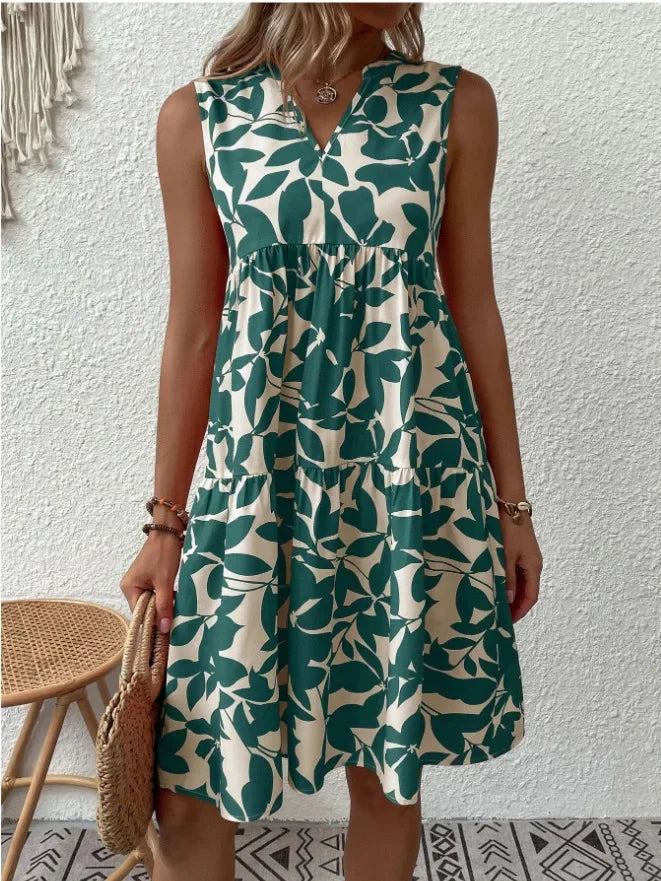 Elegant V Neck Ruffle A Line Tank Sleeveless Boho Print Min Dress