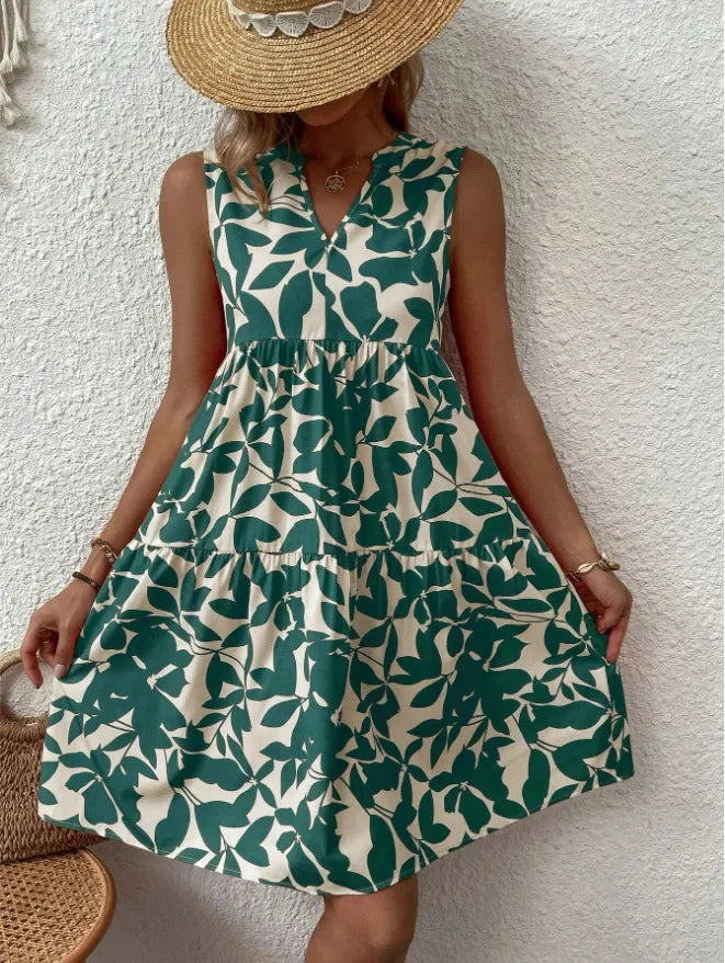 Elegant V Neck Ruffle A Line Tank Sleeveless Boho Print Min Dress
