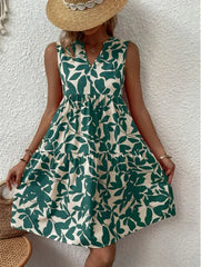 Elegant V Neck Ruffle A Line Tank Sleeveless Boho Print Min Dress