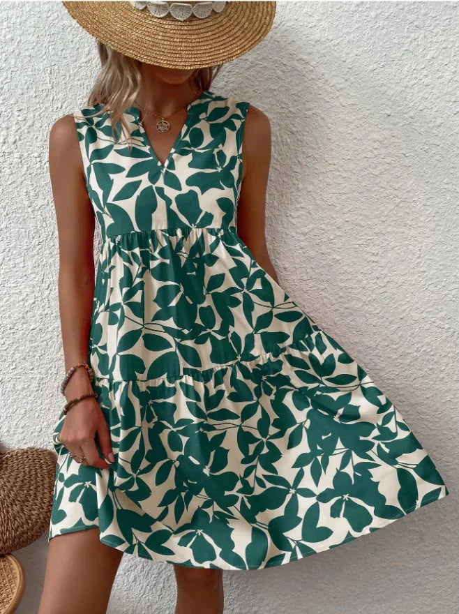 Elegant V Neck Ruffle A Line Tank Sleeveless Boho Print Min Dress