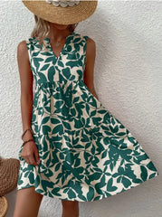 Elegant V Neck Ruffle A Line Tank Sleeveless Boho Print Min Dress
