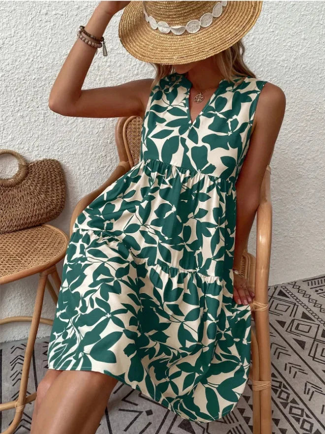 Elegant V Neck Ruffle A Line Tank Sleeveless Boho Print Min Dress