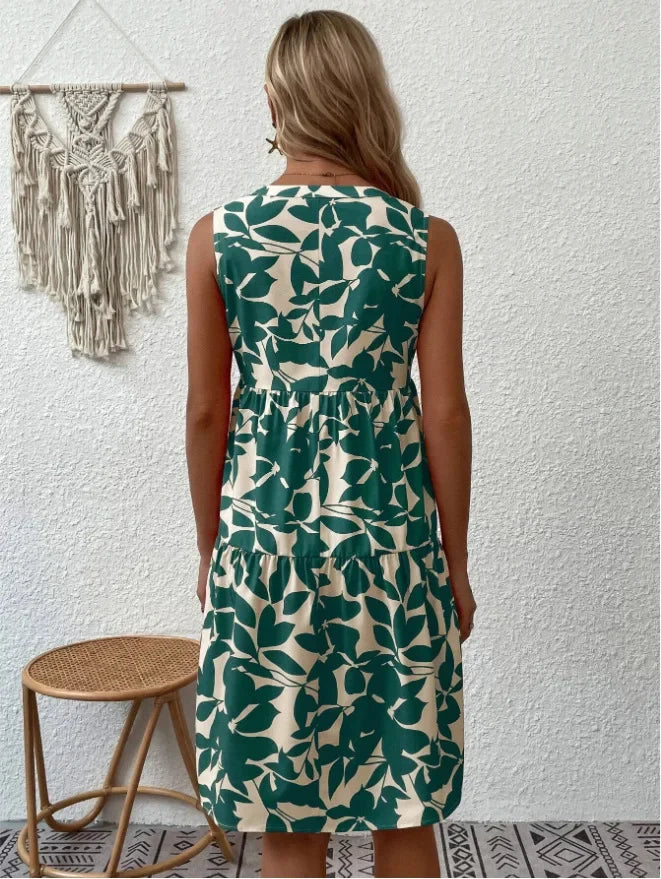 Elegant V Neck Ruffle A Line Tank Sleeveless Boho Print Min Dress