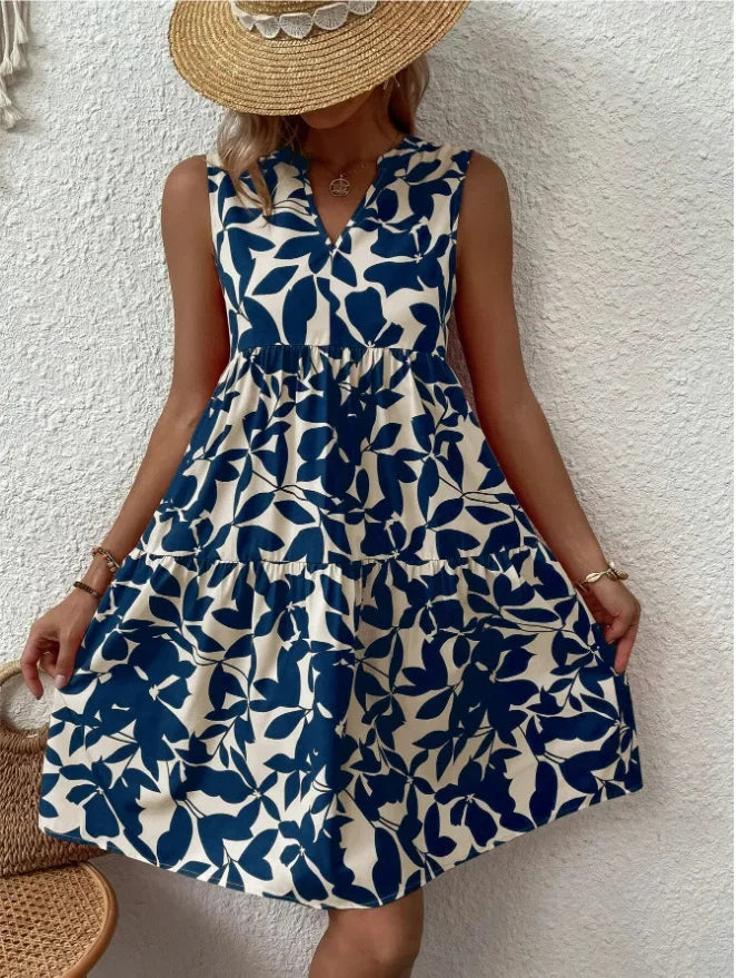 Elegant V Neck Ruffle A Line Tank Sleeveless Boho Print Min Dress