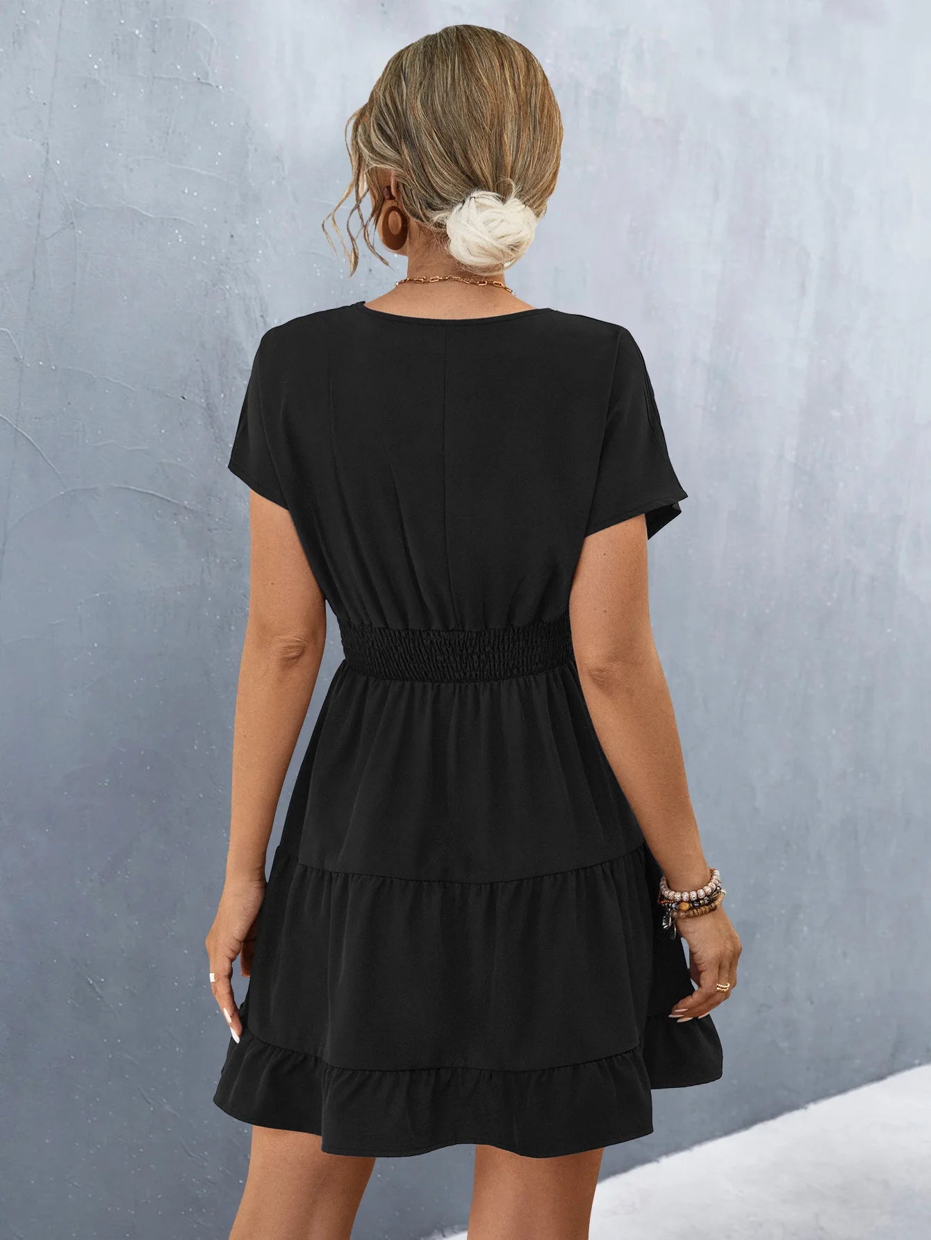 Elegant V Neck Short Sleeve Ruffle Patchwork A-Line Solid Color Dress